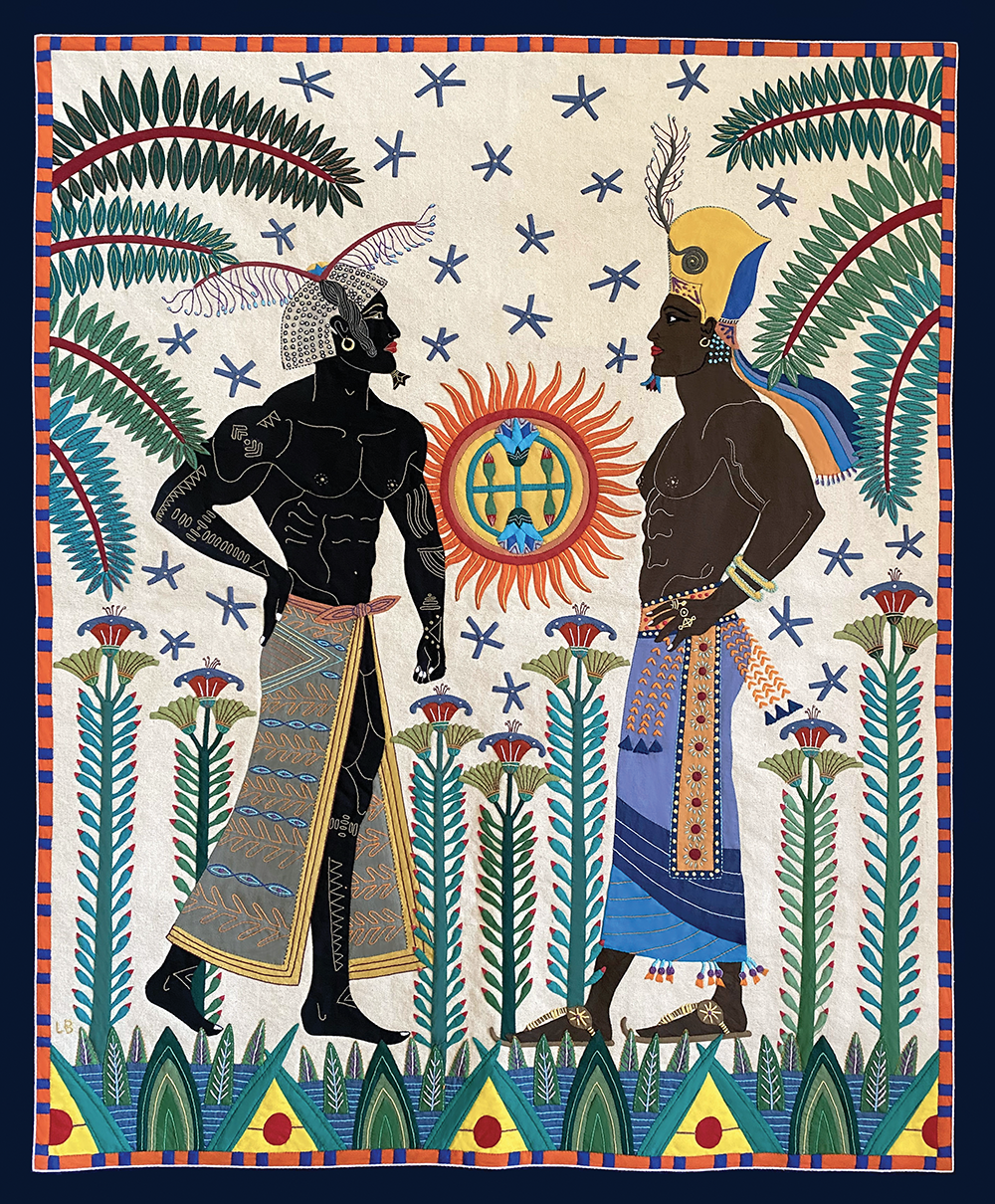 ‘Nubian Bromance’, Louis Barthélemy, 2020. Appliquéd and hand-embroidered cotton canvas. Barthélemy employs a technique called khayameya