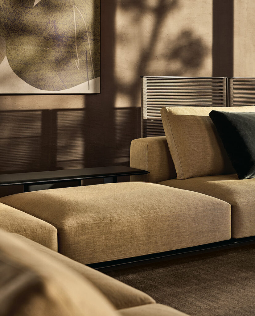 Close up of the Brera sofa with base and shelf in hide