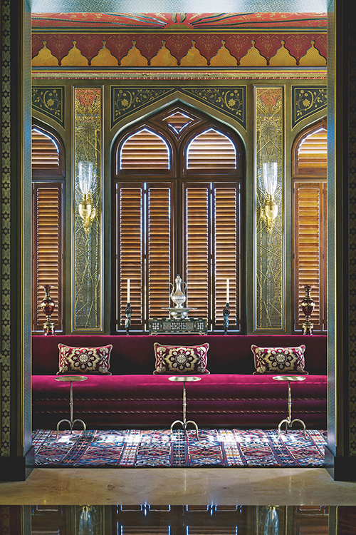 Inspired by the Ottoman palaces on the Bosphorus, this grand dining room is made complete with cushions embroidered with metal thread. Photography by James Mcdonald
