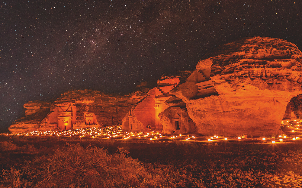 The ancient tombs of Hebra illuminated by a starry night. Photography by Shutterstock/Vadim_N