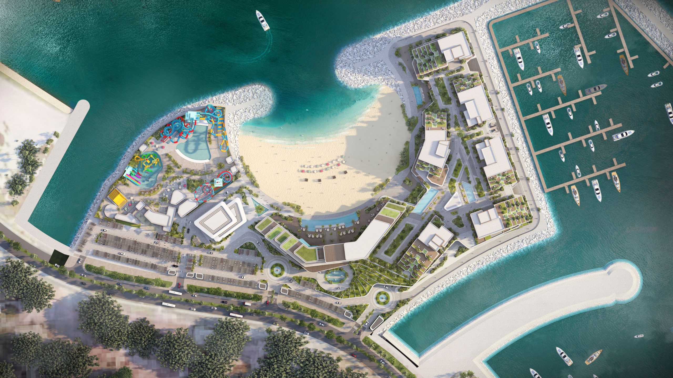 overview of Ajwan, buildings next to the ocean and beach