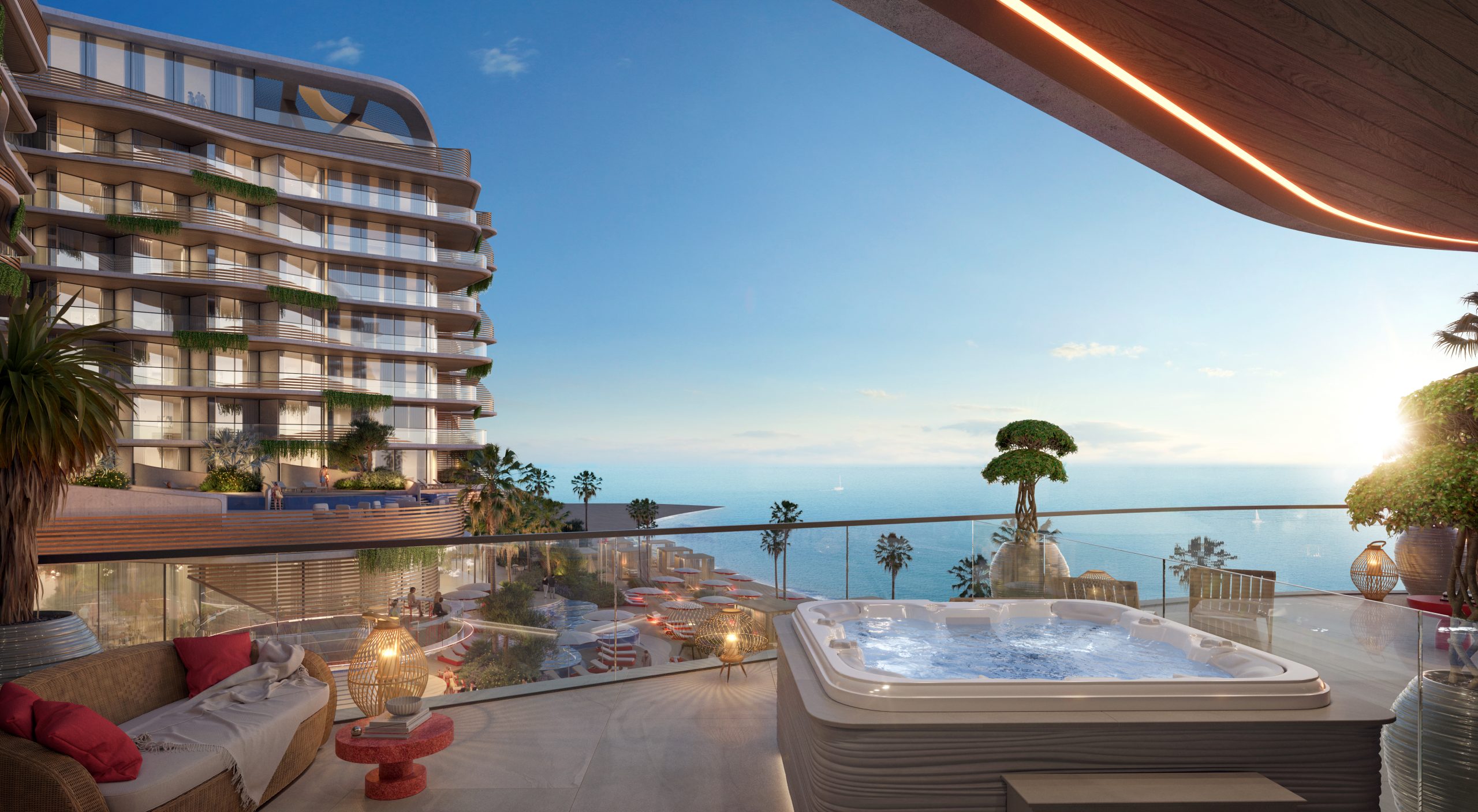 A hot tub overlooking the Arabian gulf sea.