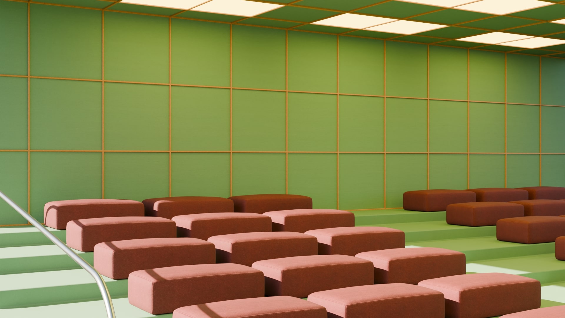 Red chairs in a green room, called The Forum designed by Thomas Trad, Dubai Design Week 2024