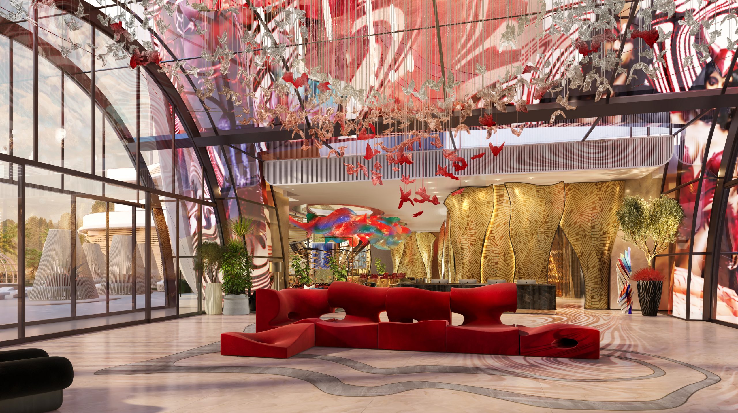 The lobby of The Unexpected Hotel with red couches and a glass ceiling