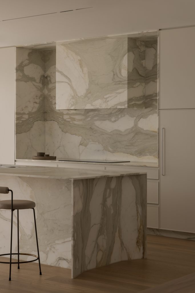 A close up of the marble finishing in the Kitchen designed by Homeroom Studio