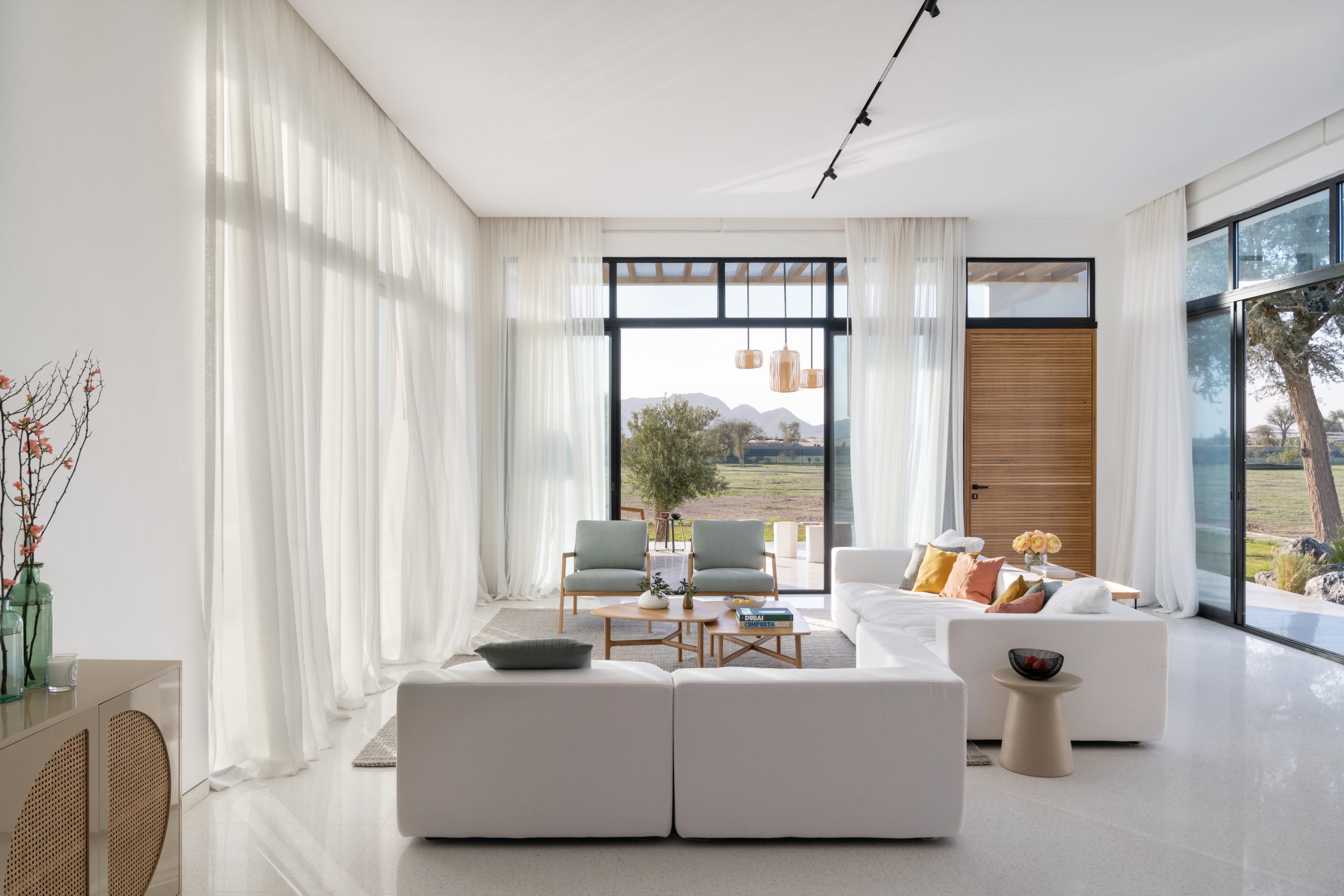 the interiors showcasing a living room with a predominately white color palette