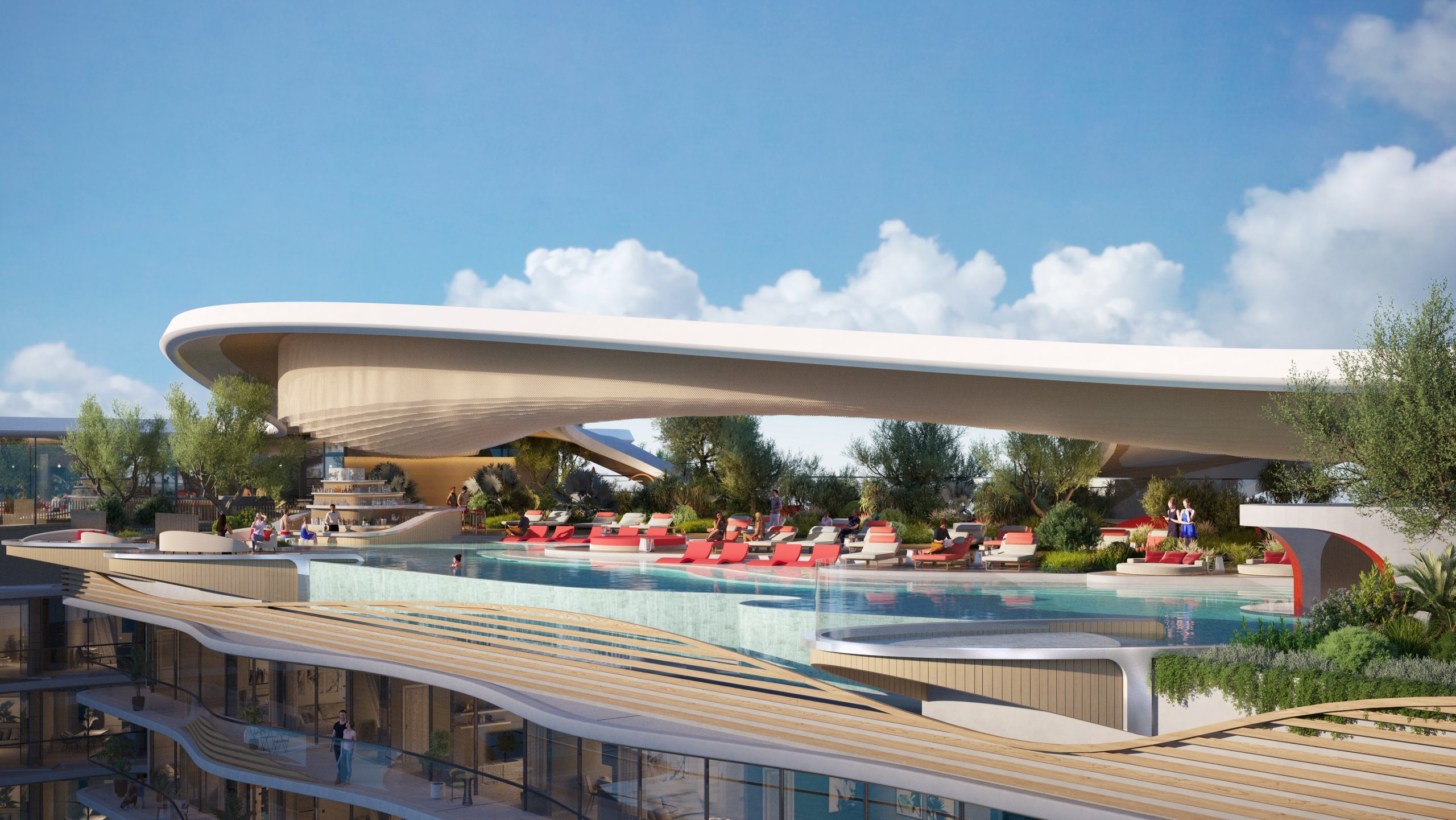 A pool with lounge chairs on a roof at the unexpected hotel, with parametric design, featuring wave-like topology