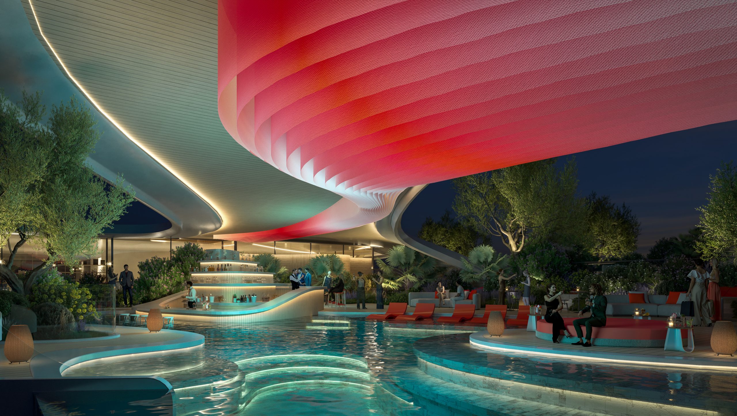 A pool with red and white lights with parametric design, featuring wave-like topology