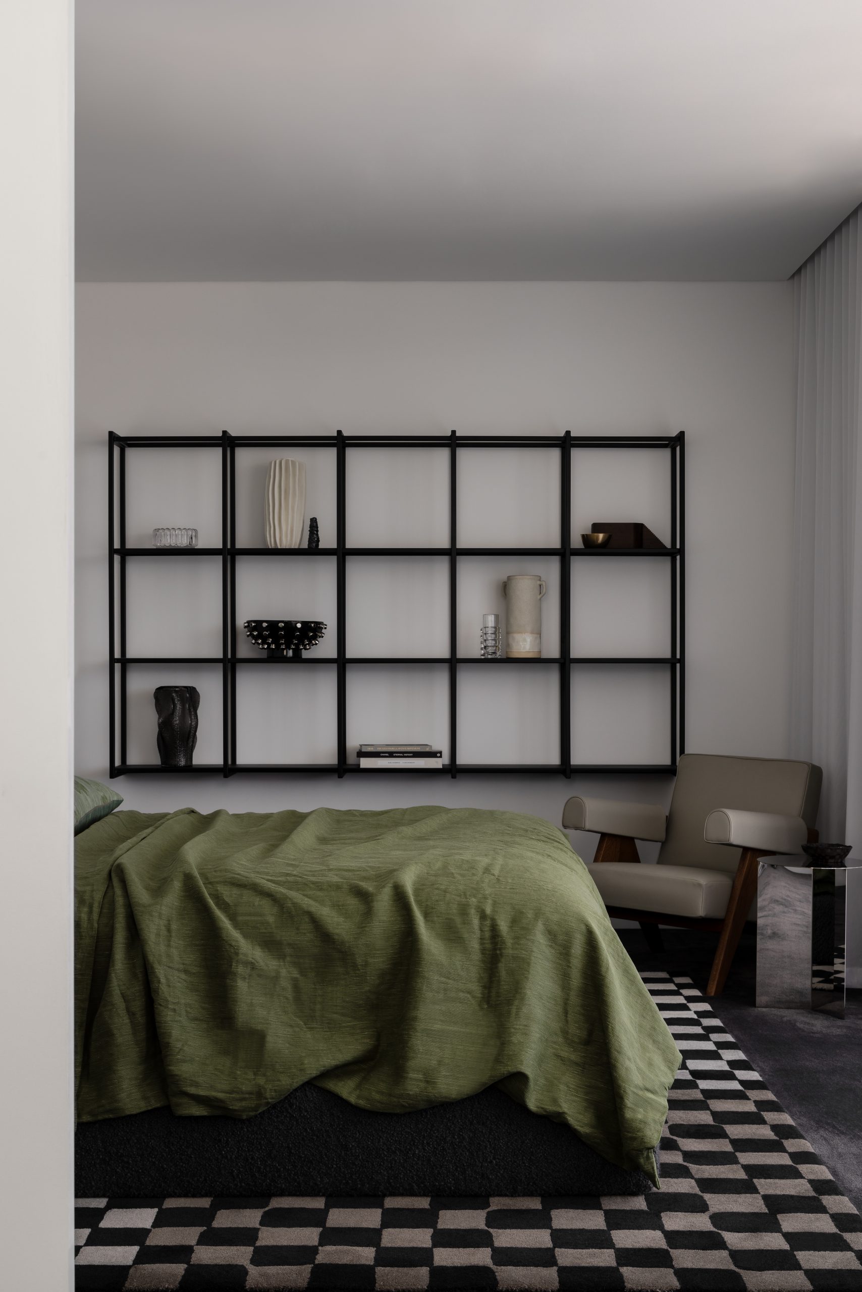 bedroom with custom made shelves