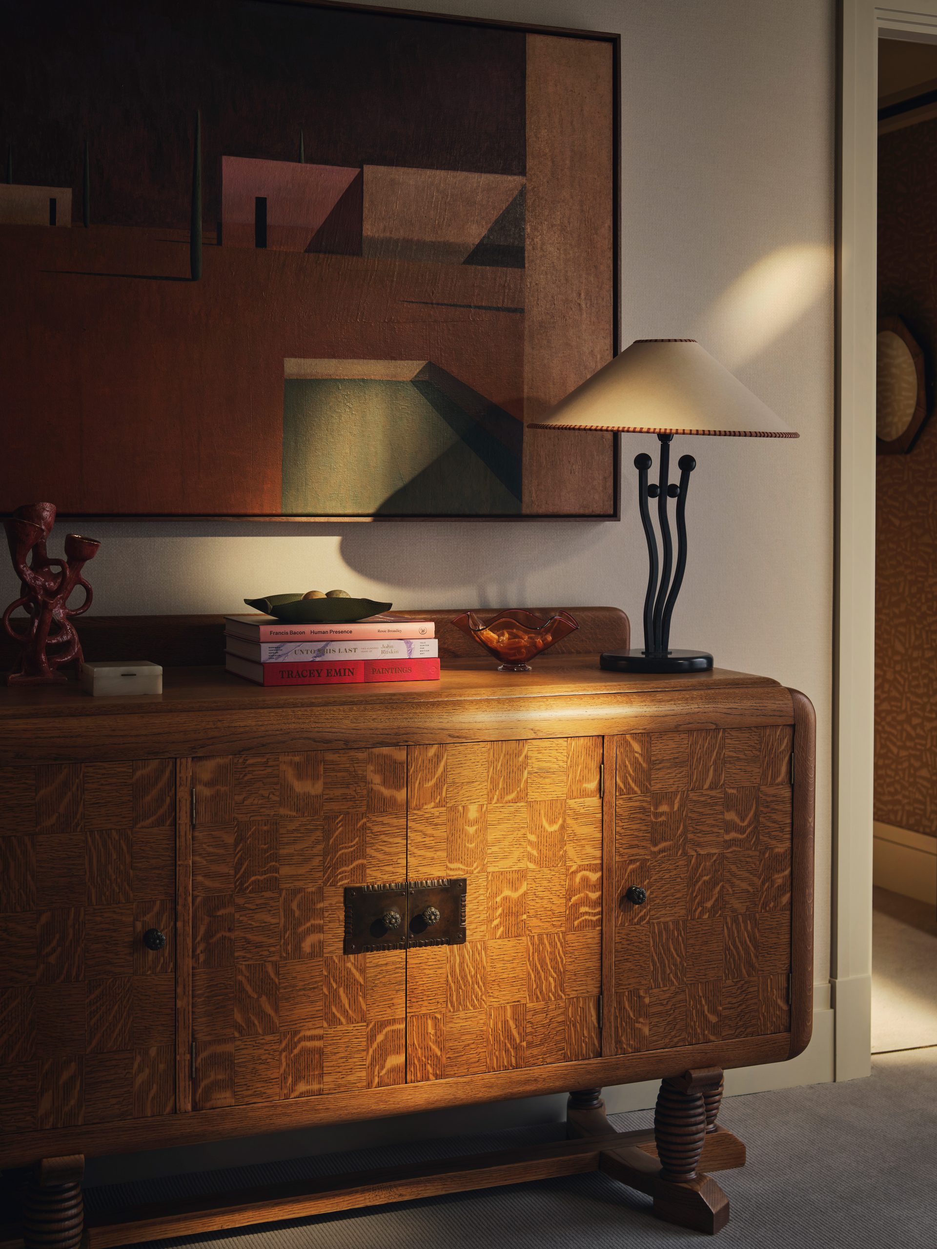 An original Art Deco checkered oak cabinet in the guest bedroom